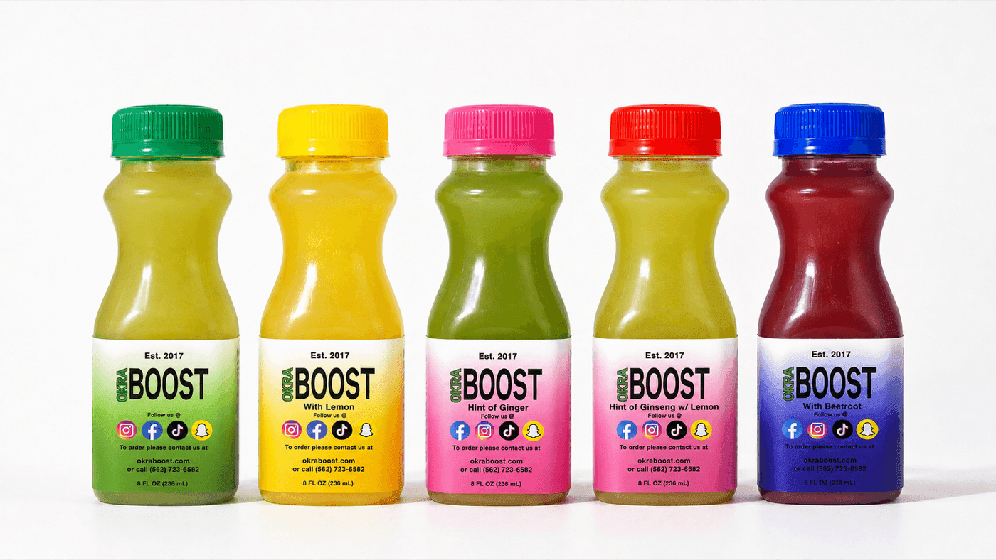 The five Okra Boost flavors lined up — Original, Lemon, Ginger, Beetroot, and Ginseng-Lemon, each an 8 fl oz bottle
